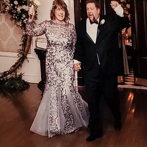 Tadashi Shoji silver long sleeve embroidered tulle gown-Size 14. Worn once.